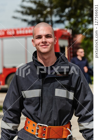 Firefighter Stands Proudly with Professional Gear Beside Fire Truck After Intense Training Firefighter Stands Proudly with Professional Gear Beside Fire Truck After Intense Training 127566631