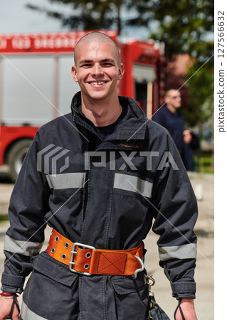 Firefighter Stands Proudly with Professional Gear Beside Fire Truck After Intense Training Firefighter Stands Proudly with Professional Gear Beside Fire Truck After Intense Training 127566632