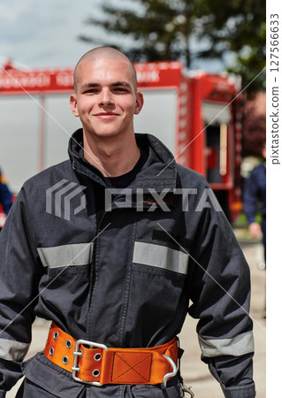 Firefighter Stands Proudly with Professional Gear Beside Fire Truck After Intense Training Firefighter Stands Proudly with Professional Gear Beside Fire Truck After Intense Training 127566633