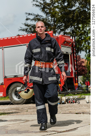 Firefighter Stands Proudly with Professional Gear Beside Fire Truck After Intense Training Firefighter Stands Proudly with Professional Gear Beside Fire Truck After Intense Training 127566634