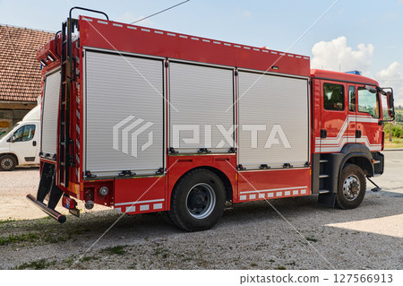 A state-of-the-art firetruck, equipped with advanced rescue technology, stands ready with its skilled firefighting team, prepared to intervene and respond rapidly to emergencies, ensuring the safety 127566913