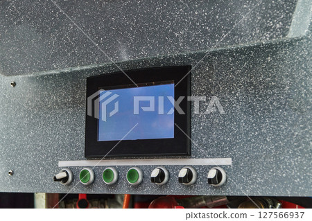 Close-up of essential firefighting equipment on a modern firetruck, showcasing tools and gear ready for emergency response to hazardous fire situations 127566937