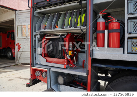 Close-up of essential firefighting equipment on a modern firetruck, showcasing tools and gear ready for emergency response to hazardous fire situations 127566939
