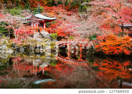 Diagoji Pavilion pagoda and bridge in Daigo-ji temple at fall, Kyoto Diagoji Pavilion pagoda and bridge in Daigo-ji temple at fall, Kyoto 127566950
