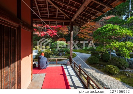 Foreign tourist sit on Manshuin temple to view fall garden,  Kyoto 127566952
