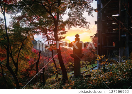 stone lantern at Kiyomizudera garden at sunset in autumn, Kyoto 127566963