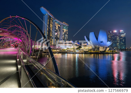 Helix bridge light up with Marina Bay Sands at night, Singapore Helix bridge light up with Marina Bay Sands at night, Singapore 127566979