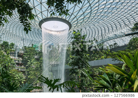 Singapore Changi airport waterfall landmark at Jewel building Singapore Changi airport waterfall landmark at Jewel building 127566986