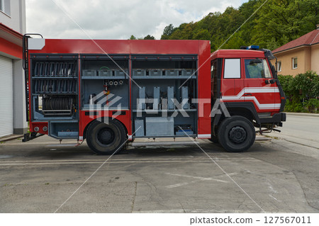 A state-of-the-art firetruck, equipped with advanced rescue technology, stands ready with its skilled firefighting team, prepared to intervene and respond rapidly to emergencies, ensuring the safety A state-of-the-art firetruck, equipped with advanced rescue technology, stands ready with its skilled firefighting team, prepared to intervene and respond rapidly to emergencies, ensuring the safety 127567011