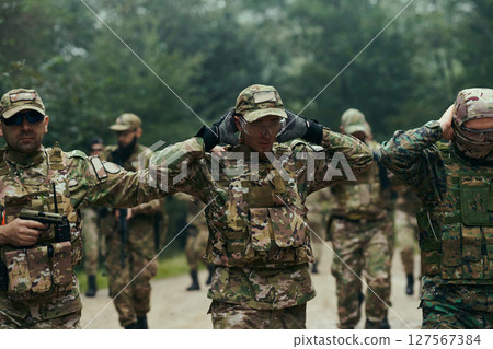 A group of elite soldiers leads captives through a military camp, showcasing a tense atmosphere of detention and security operations A group of elite soldiers leads captives through a military camp, showcasing a tense atmosphere of detention and security operations 127567384