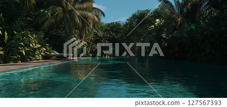 Enjoy a tropical paradise with a shimmering pool and vibrant foliage. 127567393