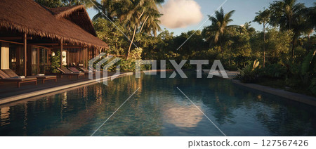 Luxurious setting with a serene pool surrounded by lush tropical greenery for ultimate relaxation. Luxurious setting with a serene pool surrounded by lush tropical greenery for ultimate relaxation. 127567426