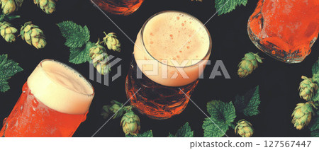 Colorful arrangement of craft beer glasses showcasing frothy heads and hops on dark background. 127567447