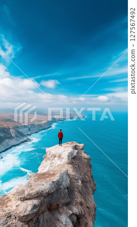 person standing on cliff overlooking ocean and coastline 127567492