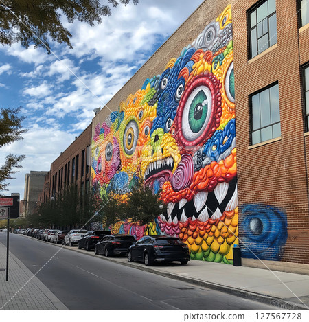 Colorful street mural on brick wall with vibrant designs 127567728