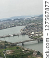 Yoshino River, residential area and mountains, Tokushima Prefecture, aerial photograph 127567877