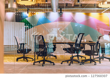 In the contemporary setting of an empty modern glass startup office, the space exudes a sleek and innovative atmosphere, ready to be filled with the potential of entrepreneurial endeavors In the contemporary setting of an empty modern glass startup office, the space exudes a sleek and innovative atmosphere, ready to be filled with the potential of entrepreneurial endeavors 127568307