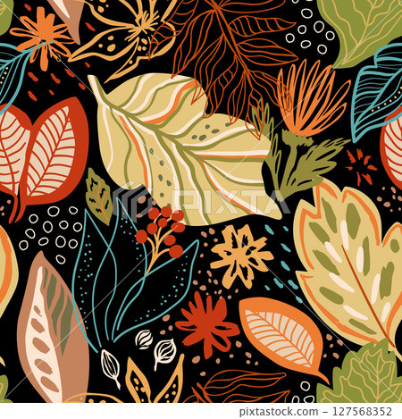 Autumn bright floral leaves seamless pattern. Cute hand drawn vector fall foliage repeat background, wallpaper 127568352