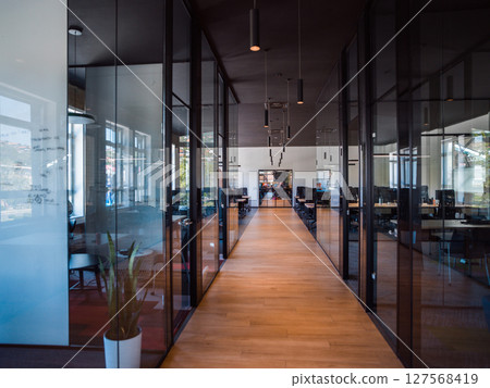 In a setting of modern, glass-walled business startup offices, the open, airy workspace reflects a contemporary and innovative ambiance, promising a dynamic environment for entrepreneurial growth 127568419