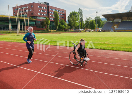 A Muslim woman in a burqa running together with a woman in a wheelchair on the marathon course, preparing for future competitions. 127568640