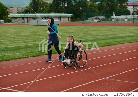 A Muslim woman in a burqa running together with a woman in a wheelchair on the marathon course, preparing for future competitions. A Muslim woman in a burqa running together with a woman in a wheelchair on the marathon course, preparing for future competitions. 127568643