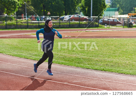 A muslim woman in a burqa sports muslim clothes running on a marathon course and preparing for upcoming competitions A muslim woman in a burqa sports muslim clothes running on a marathon course and preparing for upcoming competitions 127568665