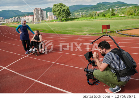 A cameraman filming the participants of the Paralympic race on the marathon course 127568671