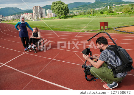 A cameraman filming the participants of the Paralympic race on the marathon course 127568672