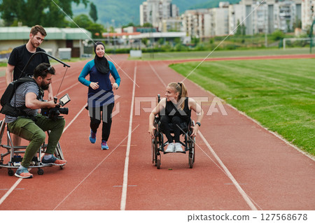 A cameraman filming the participants of the Paralympic race on the marathon course 127568678