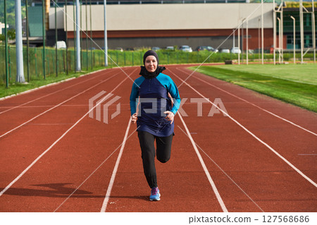 A muslim woman in a burqa sports muslim clothes running on a marathon course and preparing for upcoming competitions 127568686