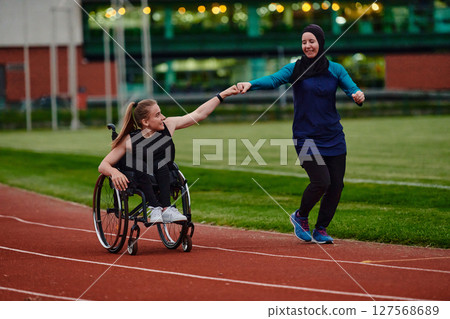 A Muslim woman wearing a burqa supports her friend with disability in a wheelchair as they train together on a marathon course. A Muslim woman wearing a burqa supports her friend with disability in a wheelchair as they train together on a marathon course. 127568689