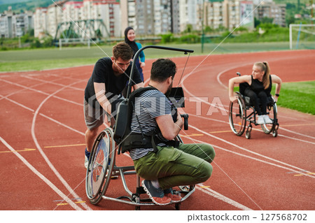 A cameraman filming the participants of the Paralympic race on the marathon course A cameraman filming the participants of the Paralympic race on the marathon course 127568702
