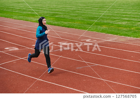 A muslim woman in a burqa sports muslim clothes running on a marathon course and preparing for upcoming competitions A muslim woman in a burqa sports muslim clothes running on a marathon course and preparing for upcoming competitions 127568705