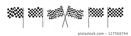 Race flag 3d at finish line with car, banner, and rally design. Speed vector shows checkered wave texture with start and motor icons. Retro road graphic with winner signal on formula track grid. Race flag 3d at finish line with car, banner, and rally design. Speed vector shows checkered wave texture with start and motor icons. Retro road graphic with winner signal on formula track grid. 127568744