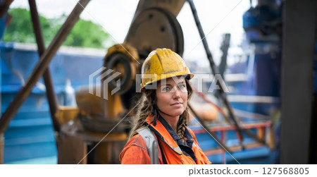 Woman in Protective Gear and Helmet Working on Oilfield Construction Site.Generated image 127568805