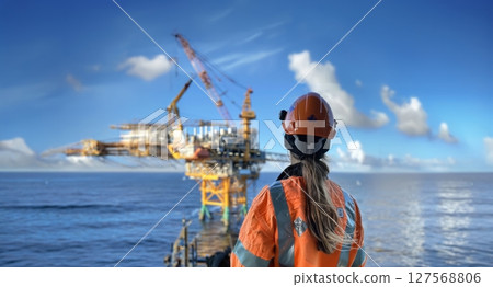 Female Worker in Safety Gear Inspecting Equipment at an Oil Refinery.Generated image 127568806