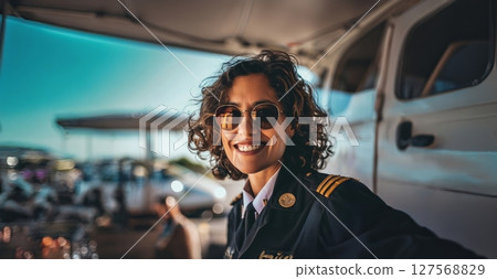 Portrait of a Young Female Pilot Smiling in Front of an Airplane.Generated image 127568829