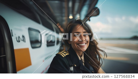 Portrait of a Young Female Pilot Smiling in Front of an Airplane.Generated image 127568834