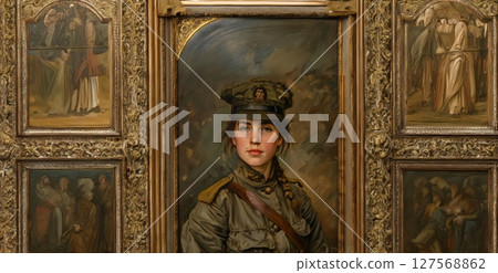 Portrait of a Woman in Military Uniform Against a Black Background.Generated image 127568862