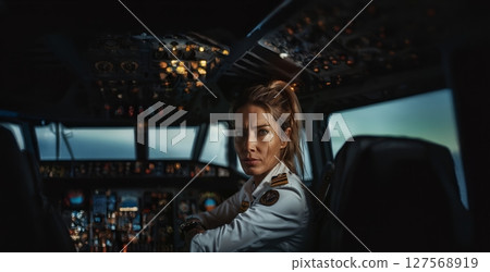 Portrait of a Female Pilot in an Airplane Cockpit.Generated image 127568919