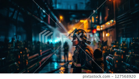 Professional Female Firefighter Battling a Large Urban Blaze with a Hose.Generated image 127568920