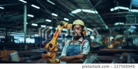 Portrait of a Young African American Female Engineer Giving a Thumbs Up in a Workshop.Generated image 127568948