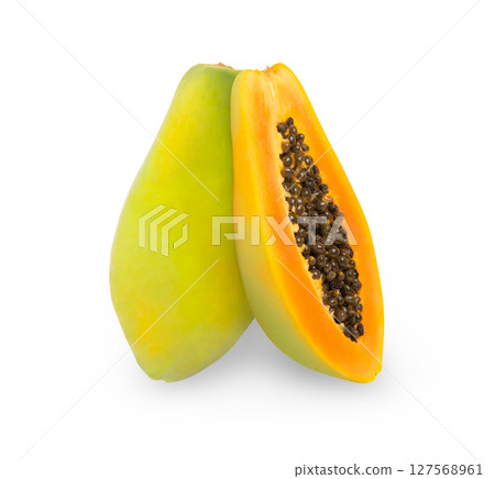 Halves of papaya fruit vertically standing isolated. Halves of papaya fruit vertically standing isolated. 127568961