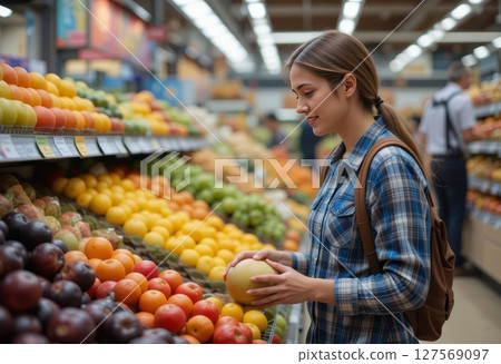 Nutrition-Minded Shopper Comparing Seasonal Fruits. 127569097