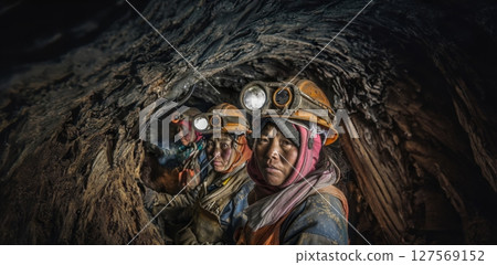 Portrait of Three Tired Female Miners Working Underground.Generated image 127569152
