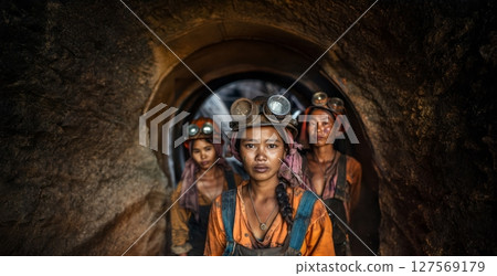 Portrait of Three Tired Female Miners Working Underground.Generated image 127569179