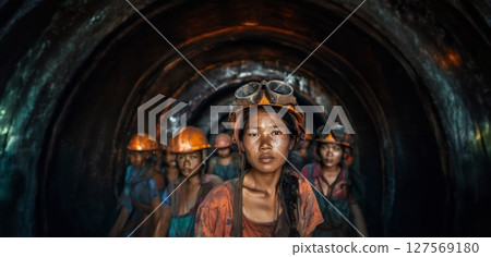 Portrait of Three Tired Female Miners Working Underground.Generated image 127569180