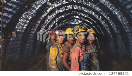 Portrait of Three Tired Female Miners Working Underground.Generated image 127569201