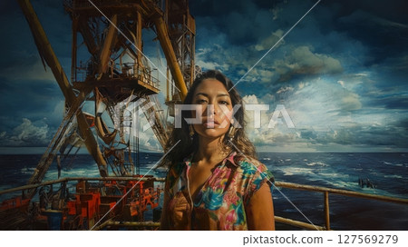 Confident and strong woman posing in a work uniform in a workshop.Generated image 127569279