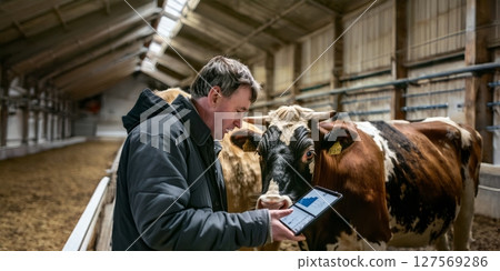 Elderly farmer using a laptop while caring for cows on the farm.Generated image Elderly farmer using a laptop while caring for cows on the farm.Generated image 127569286